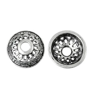Sexy Sparkles 4 Pcs Copper Round Bead Caps with Flower Pattern Antique Silver 13 - Picture 1 of 3