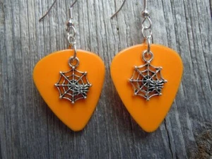 Small Spiderweb with Spider Charm Guitar Pick Earrings - Pick Your Color - Picture 1 of 14