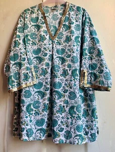 ✩Lovely *EAST* Green Gold Hand Block Printed Cotton Sequin Tunic Top Kaftan 18✩ - Picture 1 of 9