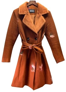 Badgley Mischka Overcoat Pea Parka Feathers Wool Blend Fur Collar M Burnt Orange - Picture 1 of 15