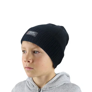 Boys Black Beanie Hat Thermal Warm Winter Fleece Lining School, Walking, Sport - Picture 1 of 3