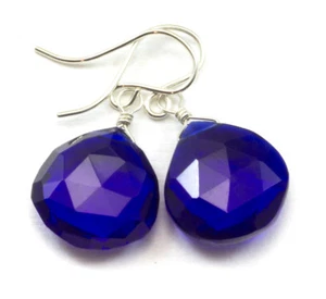 Blue Simulated Sapphire Cobalt Kashmir Earrings Briolette Sterling Drop 14k Gold - Picture 1 of 4