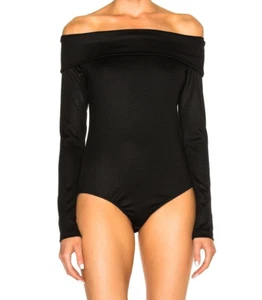 TIBI Womens Top Large Black Off Shoulder Bodysuit 100% Wool Stretch Knit - Picture 1 of 9
