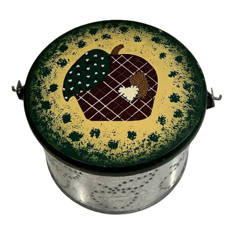 Apple Punched Silver Multi-Use Tin with Fitted Wooden Lid Sewing Basket Decor Cover
