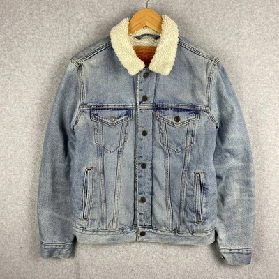 Levis Denim Jacket Mens S Blue Sherpa Lined Type 3 Trucker Faux Fur Snap Close - Image 1 of 4