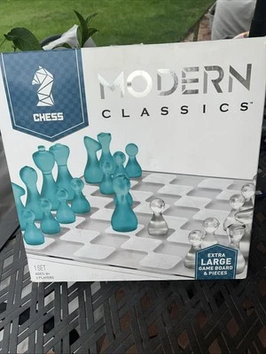 Modern Classics Extra Large Glass Game Board Pieces Frosted Teal Clear Chess Set - Image 1 of 4