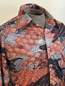 1970s Japanese Waves Blue Red Long sleeve button Dagger Collar shirt - Picture 1 of 8