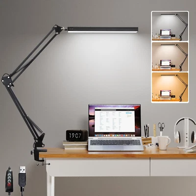 GLOBAL GOLDEN Dimmable LED Desk Lamp with Clamp 3 Colors 10 Modes Swing Arm Clip-on Table Lamp