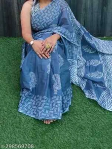 INDISCHER BAGRU BLOCKPRINT REINE WEICHE BAUMWOLLE MULMUL SARI MIT BLUSENTEIL - Bild 1 von 1