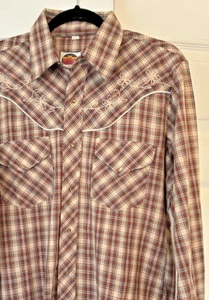 Miller Westernwear Shirt Mens 16-34 Vintage Brown Plaid Embroidered Cowboy Rodeo - Picture 1 of 9