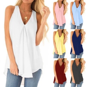 Womens Vest Tops Summer Sleeveless Blouse Ladies Tank Cami Tee T Shirt Plus Size - Picture 1 of 14