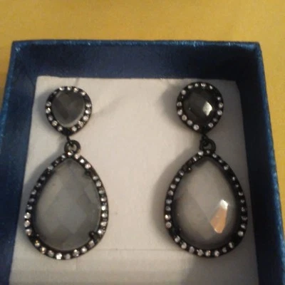 Pendientes colgantes ojo de gato gris simulado, cristal negro acero inoxidable 15,96 cts Foto 1 de 4