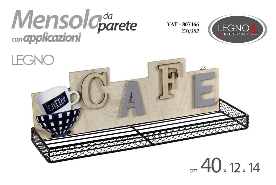 MENSOLA DA PARETE CUCINA BAR CAFFè METALLO LEGNO CLASSICO MODERNO 40*12*14 CM - Immagine 1 di 1