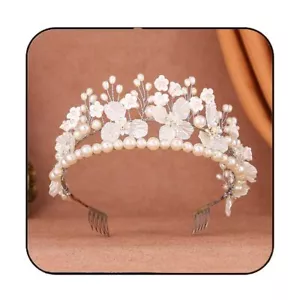 Flower Headband Silver Pearl Bride Wedding Tiara Crown Bridal Hair Accessorie... - Picture 1 of 8