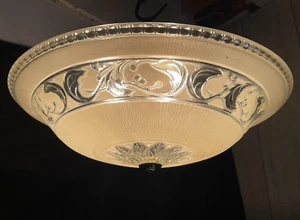 RESTORED 16" Antique Vtg Art Deco Semi Flush Mount Ceiling Light Glass Porcelain - Picture 1 of 24