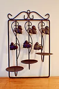 Wall Sconce 3 Pillar Candle Holder Grape Leaf Design Bronze Brown & Black Metal - Picture 1 of 2