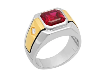 Bezel Set Red Ruby With White Lab-Created Diamonds 935 Silver Solitaire Men Ring - Image 1 of 4