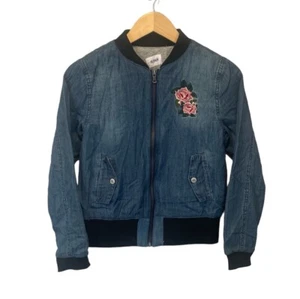 HUDSON Girls Size Large Denim blue Bomber Jacket Embroidered Rose Youth - Picture 1 of 11
