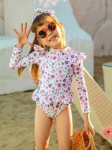 Girls 1-piece Ruffle Trim Long Sleeve Flora Swimsuit Summer Clothes - Picture 1 of 2