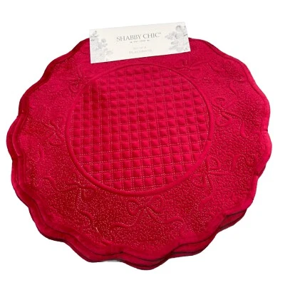 x4 Shabby Chic Christmas Red Bow Velour Placemat Set Round Velvet Holidays Decor
