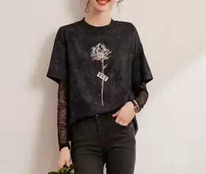 Basic Shirts Women Clothing Wear Splicing Long Sleeved Tops Casual Loose Tees - Picture 1 of 7