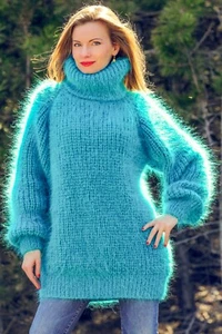 Blue green mohair sweater ribbed turtleneck thick hand knitted jumper SUPERTANYA - Imagen 1 de 7