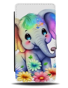 Bunte Elefanten Design Flip Geldbörse Etui Grafik Blumen Regenbogen Funky BK81 - Bild 1 von 3