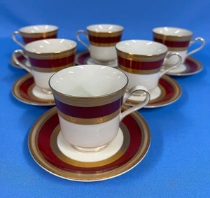 6 Mikasa Grande Ivory French Embassy Red w/ Gold Trim L2829 Footed Cups & Saucer - Picture 1 of 3
