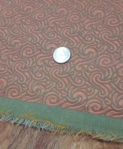 1960s MCM Jacquard Brocade Fabric Olive Green & Shiny Coral Swirl 52" Wide - Picture 1 of 3