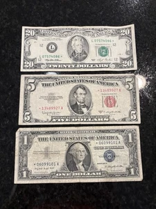 US Currency Star Note Lot Of Three 1953 Red Seal $5, 1957 $1, 1993 $20 - Picture 1 of 5