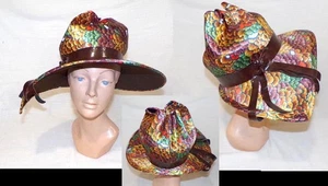 DESIGNER VTG 70s AUTUMN FALL Wide Brim Feathers Fabric ODD OPEN Crown Dress HAT - Picture 1 of 9