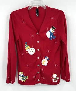 BEREK hässlicher Weihnachtspullover Strickjacke Schneemänner Perlen Schneeflocken Urlaub rot M - Bild 1 von 8