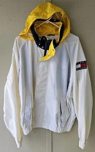Chaqueta cortavientos Tommy Hilfiger con capucha para hombre XL Rn#77806 blanca amarilla cremallera completa - Imagen 1 de 17