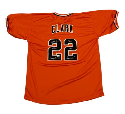 Jersey naranja personalizado firmado por Jack Clark SF Giants con 3 insertos Beckett con certificado de autenticidad BAS Foto 1 de 3