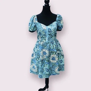 House of Harlow Mini Dress Size Small Blue Linen NWOT Puff Sleeve Retro Babydoll - Picture 1 of 10