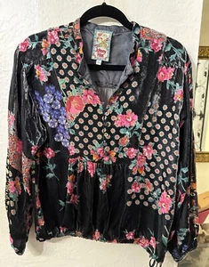 Johnny Was Rose Cosima Burnout Peasant Blouse Black Floral Silk Blend SZ Small - Picture 1 of 9