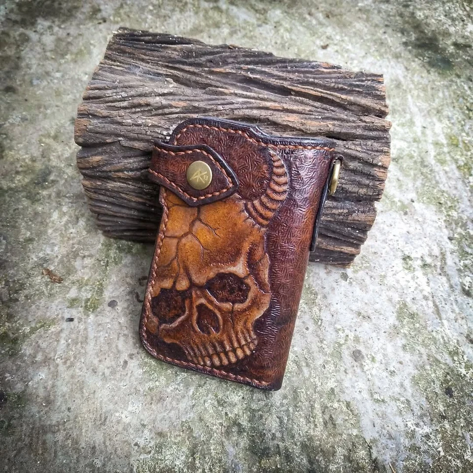 Skull horns wallet, Carved skeleton biker medium wallet, Viking unique wallet - Image 1 of 4