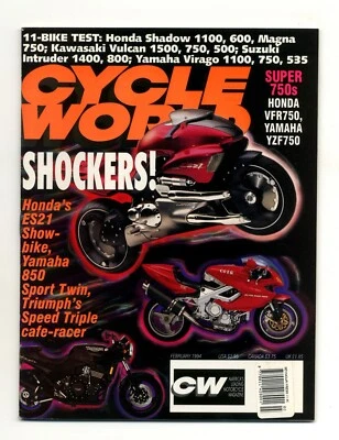 CYCLE WORLD FEBRUARY 1994-YAMAHA YZF750 HONDA ES21 KAWASAKI VULCAN 1500 750 500 - Image 1 of 4
