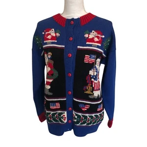 Vintage South Wool Sz Med Virgin Wool Hand Embroidered Sweater Santa Flag Heart - Picture 1 of 9
