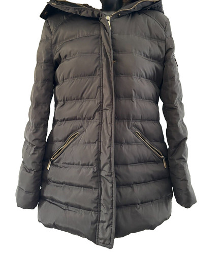 Giacca parka da donna Michael Kors foderata in pelliccia nera con cappuccio taglia small tasche con cerniera