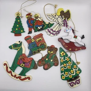 Flat Wood Double Sided Christmas Ornaments Hand Painted Set/8 Vintage - Picture 1 of 5