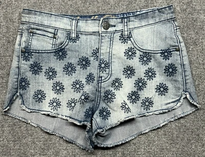 Vanilla Star Shorts Womens 11 Blue Daisy Embroidered Jean Frayed Hem Summer Cute - Image 1 of 4