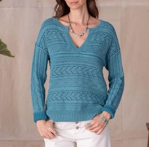 Sundance Rita Easy Cable Knit Blue Sweater Women's M Boho Cottagecore Fisherman - Picture 1 of 8