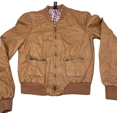 rue 21 foe Chaqueta Cuero Cremallera Marrón Bolsillos Rayón Mezcla Jr Grande LEER Foto 1 de 4