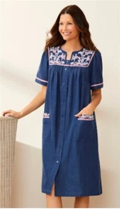NWT Go Softly S Kaftan Denim Flower Snap Embroidered Patio Dress 124632 - Picture 1 of 4