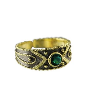 24k Gold Plated 2-tone Sterling Silver Byzantine Adjustable Ring w/ Green - Picture 1 of 1
