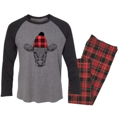 New Lincoln Outfitters Cow W/Pom Pom Red Plaid Family Pajama Set Youth M 10-12 - Image 1 of 4