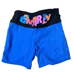 Vintage 90s GNARLEY Boardshort RR Swimwear Boys Sz 6 Nylon Mesh Liner Blue Black - Picture 1 of 5