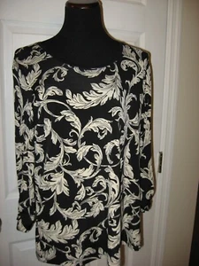 Susan Graver Black & Ivory Scroll Print Liquid Knit Top, 3/4 Slv,Scoop Neck,M - Picture 1 of 7