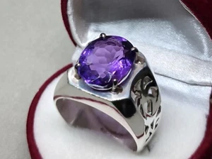 12 Carat Oval Cut Purple Amethyst Mens Ring Sterling Silver 925 Handmade Ring - Picture 1 of 12